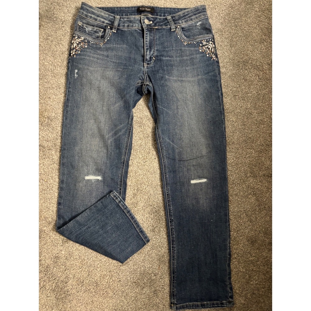 White House Black Market Slim Crop Embellished Jeans Medium Wash Blue Size 10